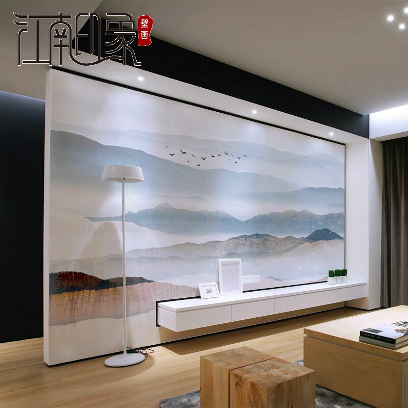 2024年新款电视机背景墙壁纸客厅新中式山水影视墙布卧室壁画装饰