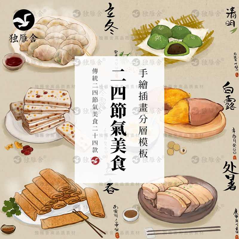 中国24节气传统食物美食手绘插画节令冬至夏至清明psd模板素材图