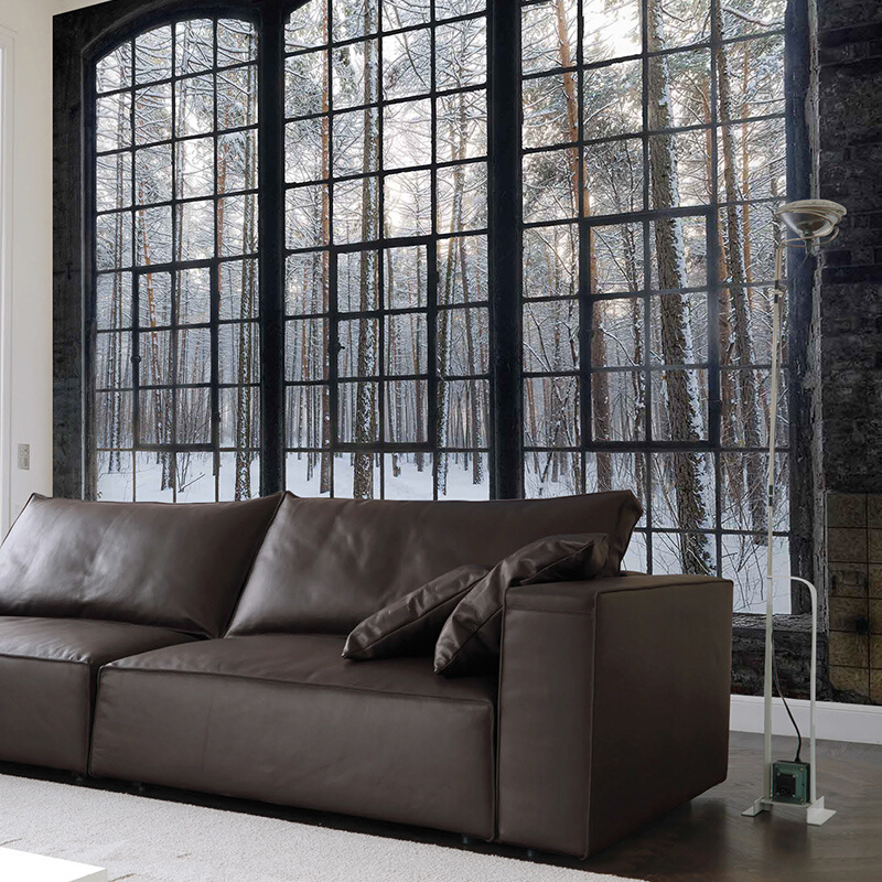 3D北欧现代复古窗外冬季森林风景壁纸沙发背景墙壁画酒店饭店墙布