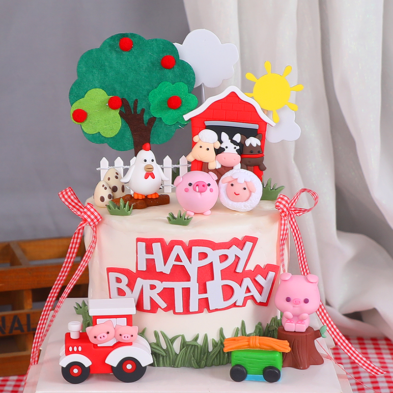 小鸡小猪拖拉机小羊牛马棚插牌儿童生日蛋糕装饰田园农场玩偶摆件