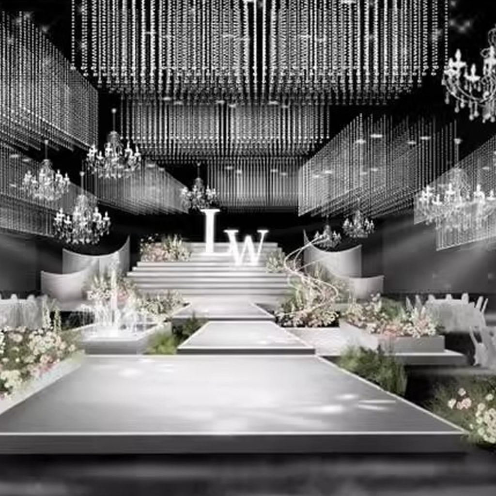 粉色韩式婚礼舞台效果图水晶吊顶婚礼PS设计素材无制作