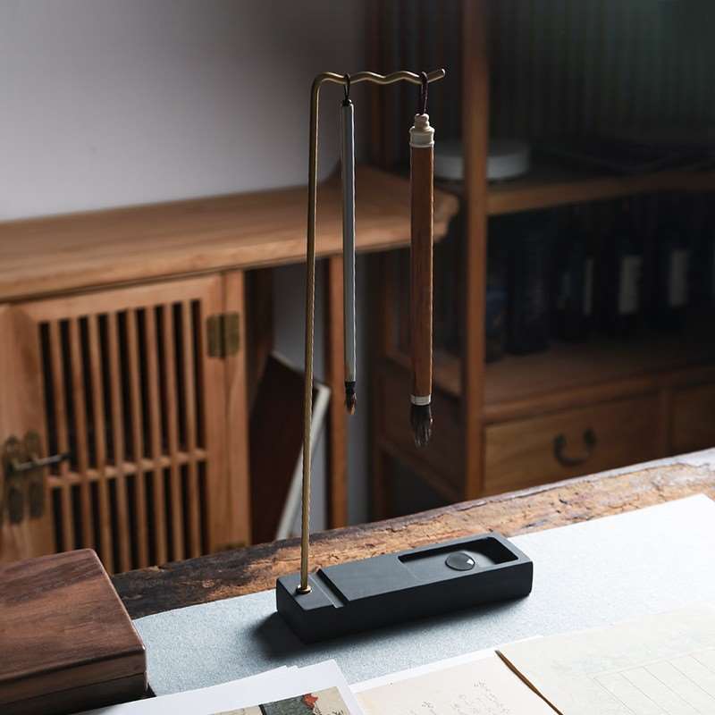 正品景德镇陶瓷墨碟铜笔架创意简约设计毛笔挂收纳砚台摆件多功能