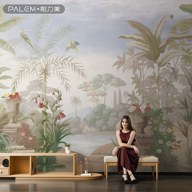 帕力美客厅电视背景墙壁纸法式田园美式手绘艺术芭蕉无缝壁画墙布