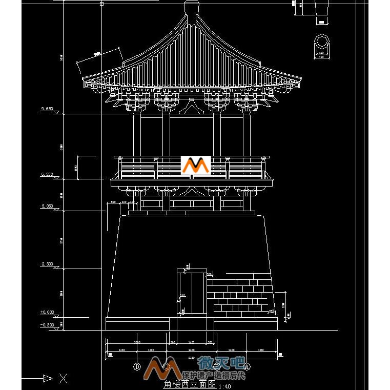 H167仿唐代单檐四坡屋顶攒尖顶方形角楼烽火台钟鼓楼CAD施工图纸