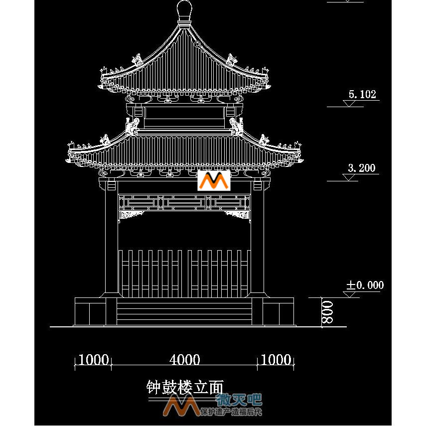 H176寺院寺庙清代木结构古建筑重檐攒尖顶钟楼鼓楼建筑CAD施工图