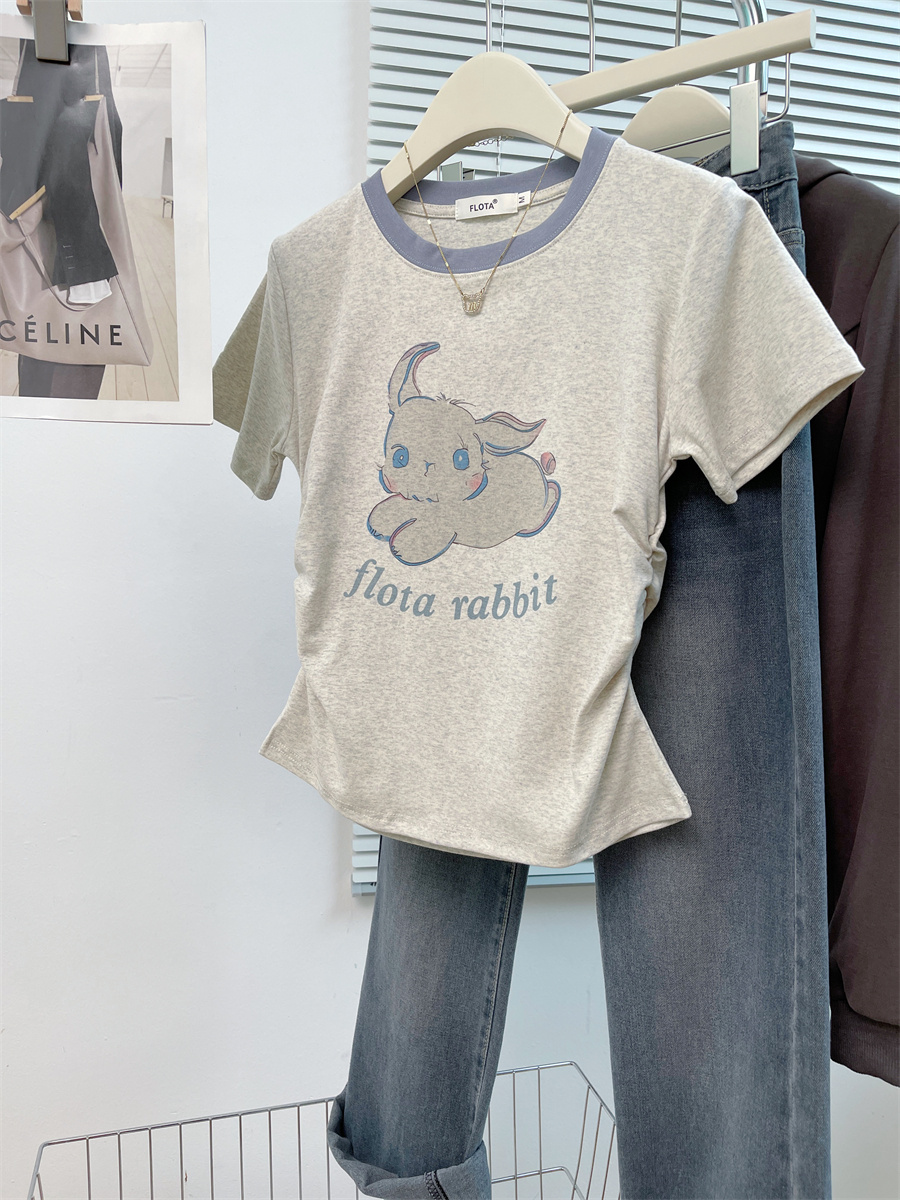 日系卡通兔子印花雾霾蓝拼接领短款上衣女夏季ins褶皱收腰短袖T恤