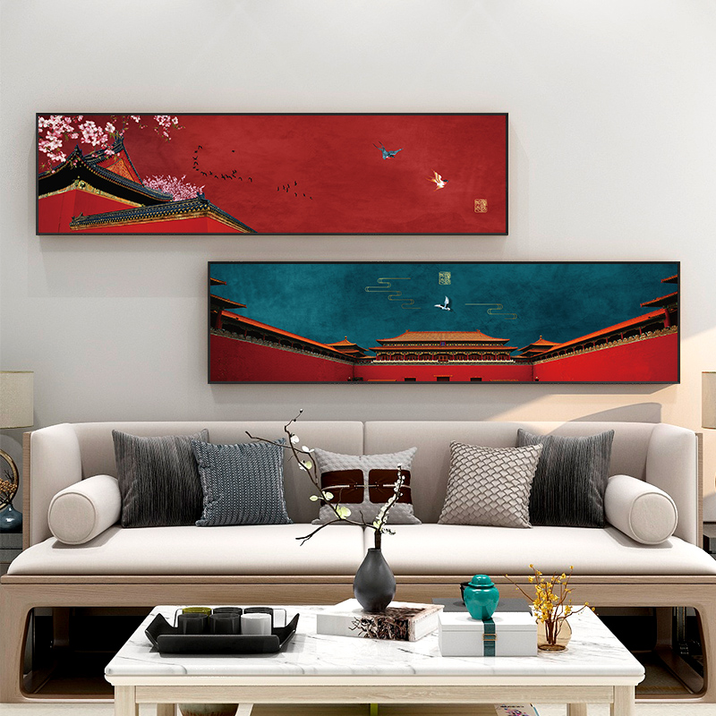 新中式红色故宫城墙建筑挂画横版客厅背景墙装饰画主卧室床头壁画