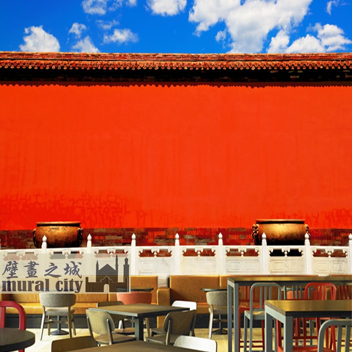 中国红故宫红墙壁纸故宫水缸门海墙纸城墙背景墙布餐厅火锅背景画