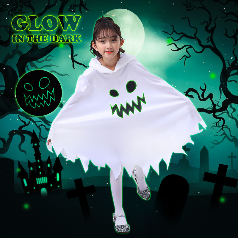 儿童白色幽灵发光鬼脸披风万圣节Cosplay主题派对装扮服装道具