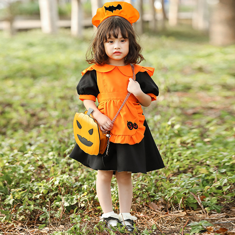 南瓜cosplay女童衣服鬼节主题派对儿童橙色蝙蝠女仆裙万圣节服装