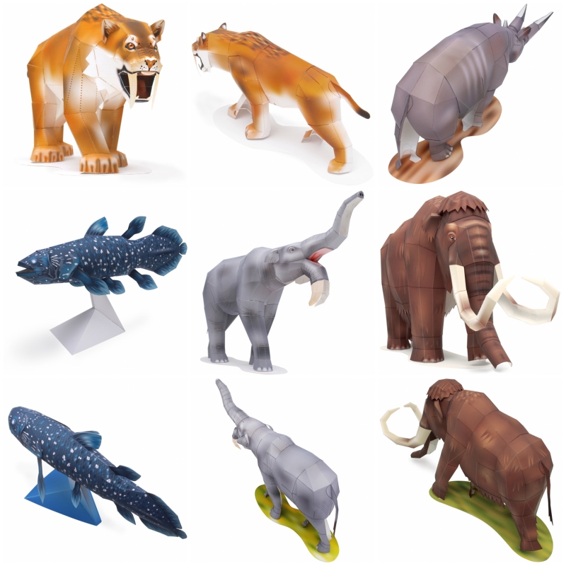 手工DIY拼装剑齿虎猛犸象重脚兽史前动物手办3D折纸手作纸模型