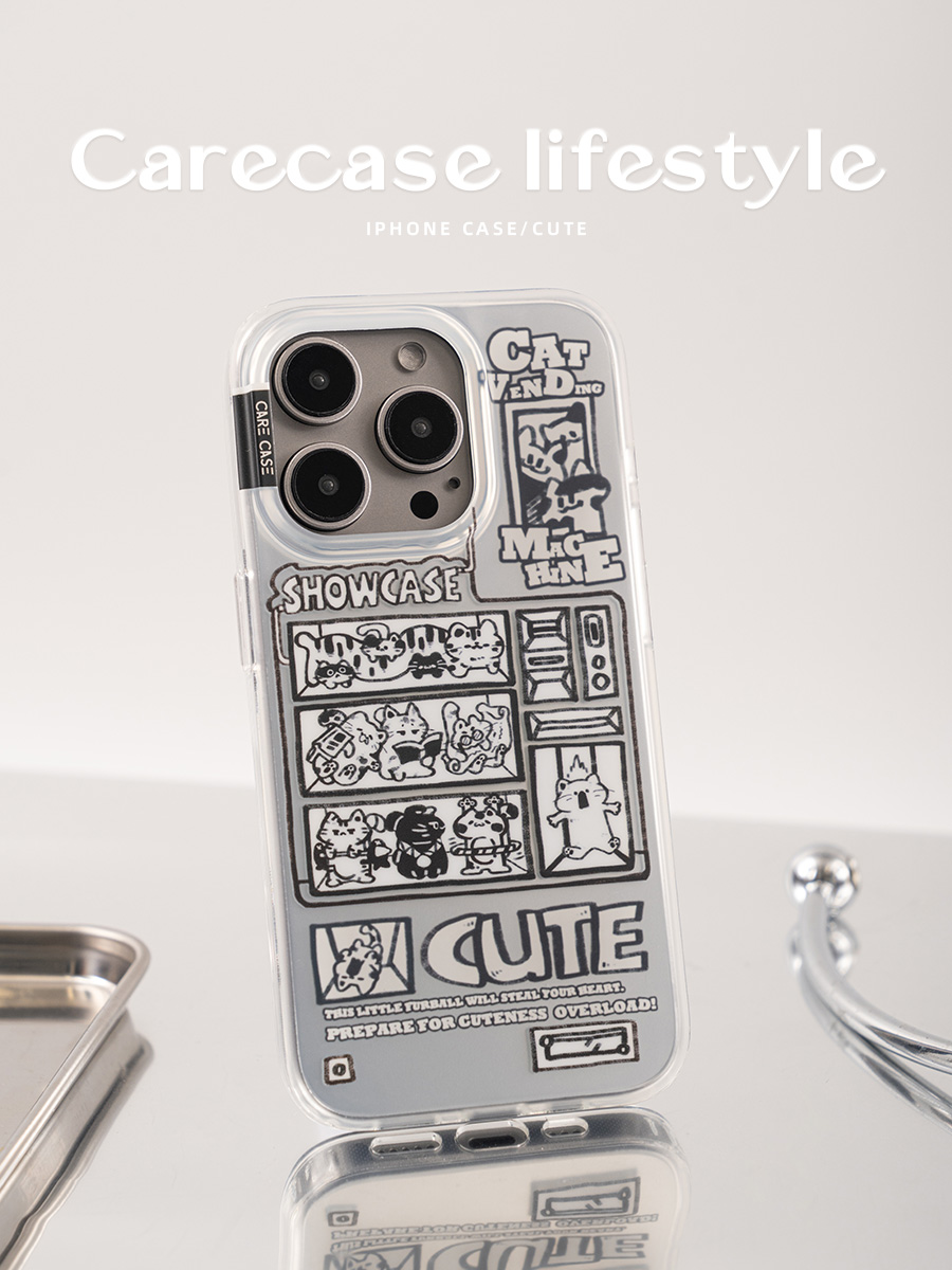 CARECASE 猫咪展销机银灰磨砂双层手机壳 适用于苹果 15 14 13 Pro Max 原创设计 创意可爱有趣高级 小众卡通