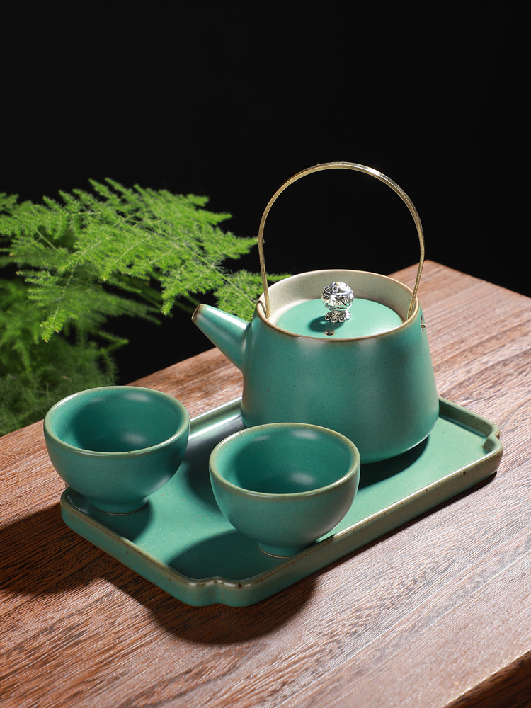 复古粗陶茶壶一壶二杯旅行茶具陶瓷水壶功夫茶具日式提梁壶单壶