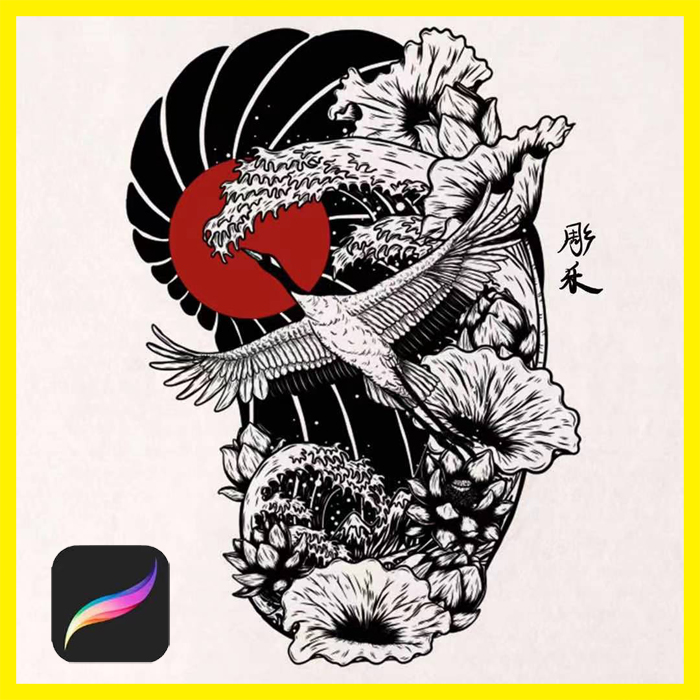 procreate鲤鱼锦鲤鹤玫瑰半甲传统纹身笔刷浮世绘ipad绘画图案