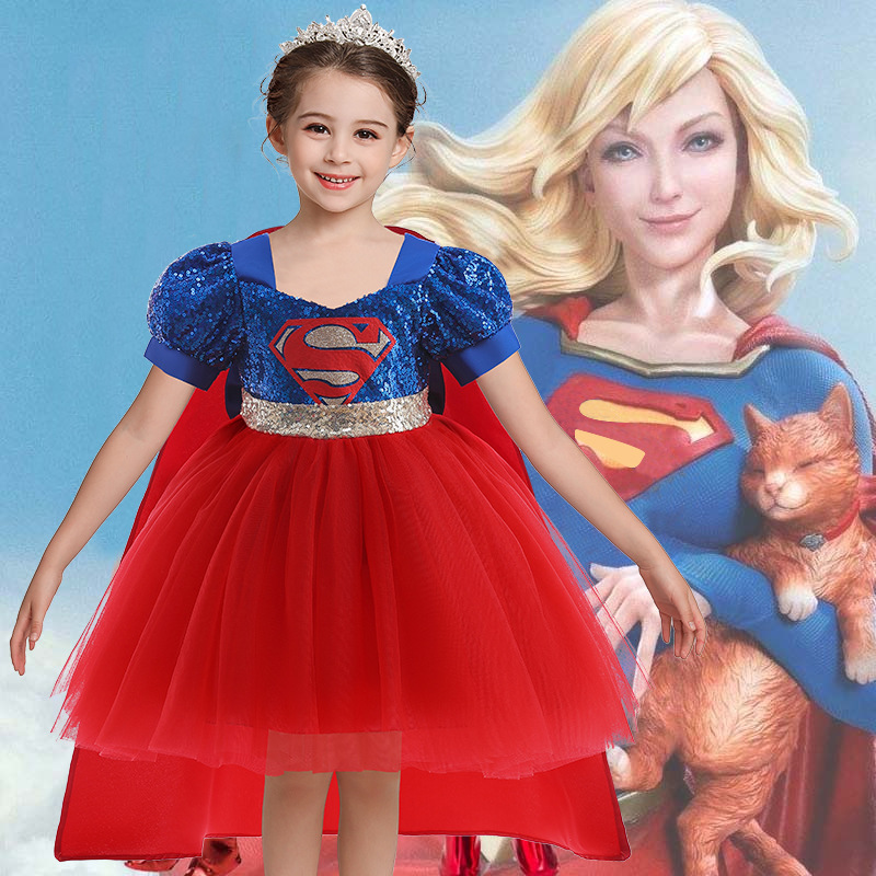 新品夏款女童拼接礼服裙漫威超人带披风cosplay连衣裙童裙