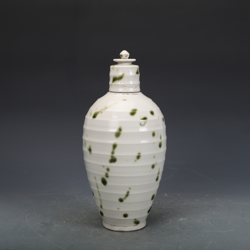 唐代邢窑瓷器白瓷绿斑带盖梅瓶古董古玩旧货老货收藏摆件