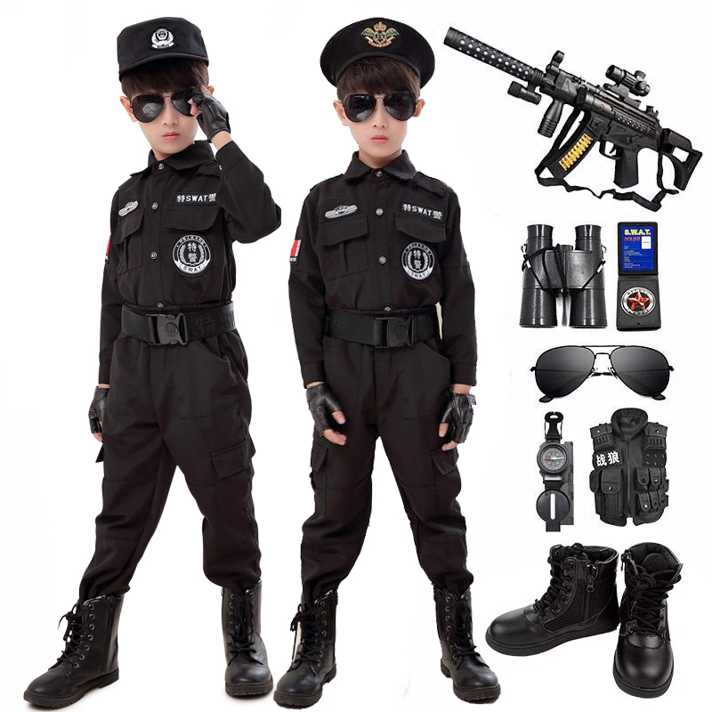 儿童警察装备小特警衣服男孩声光玩具枪套装cs特警长短袖演出服装