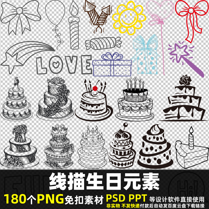 线描生日元素PNG免扣背景素材 PSD 卡通线条生日海报蛋糕图片打印
