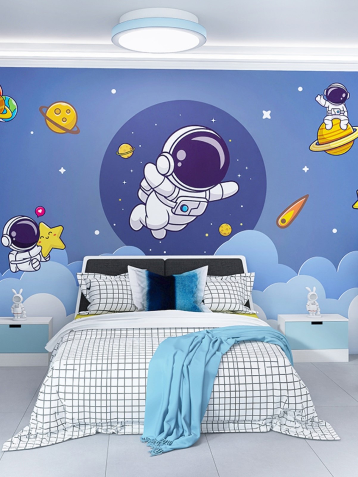 可爱卡通宇宙太空壁纸星空宇航员儿童房卧室床头口才教室背景墙纸