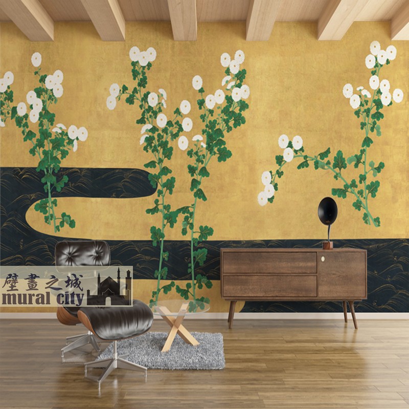 日本屏风菊花溪流墙布复古风日系花木画壁纸简约日系黄墙纸壁画布