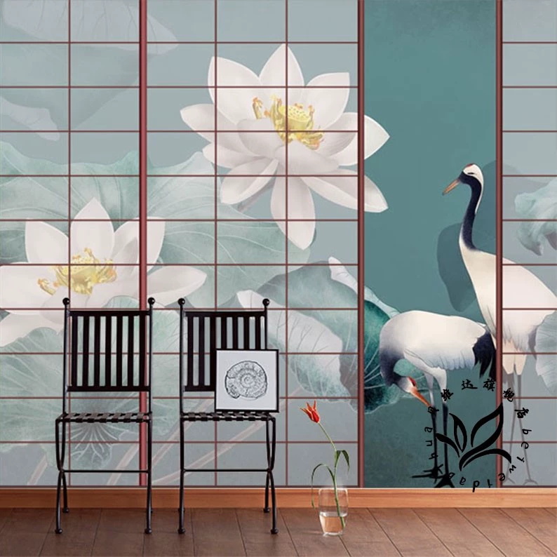 简约新中式水墨仙鹤荷花壁纸餐厅背景墙壁画古典古风茶室格栅墙布