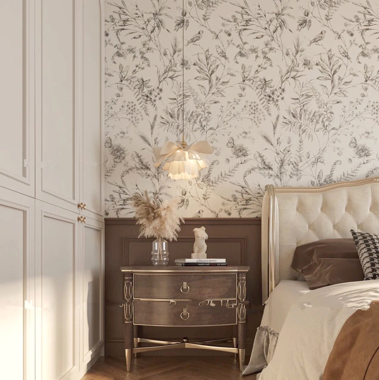 法式复古风卧室壁纸黑白花鸟墙纸美式田园墙壁布北欧简约无缝壁画