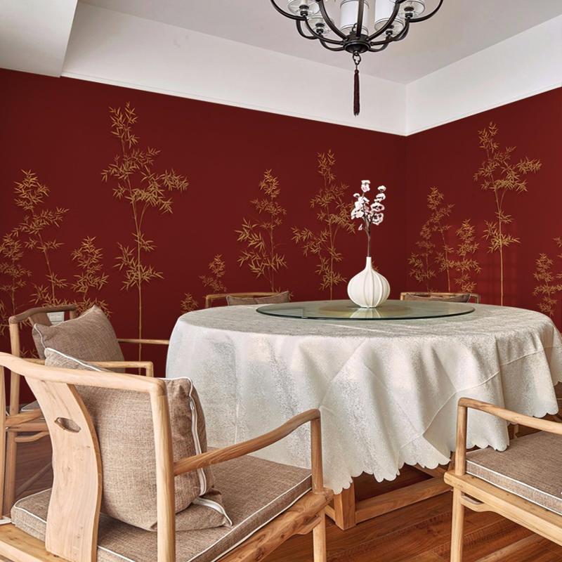 中式墙纸客厅电视背景墙壁纸古风竹子墙布日式茶室红黑色简约壁画