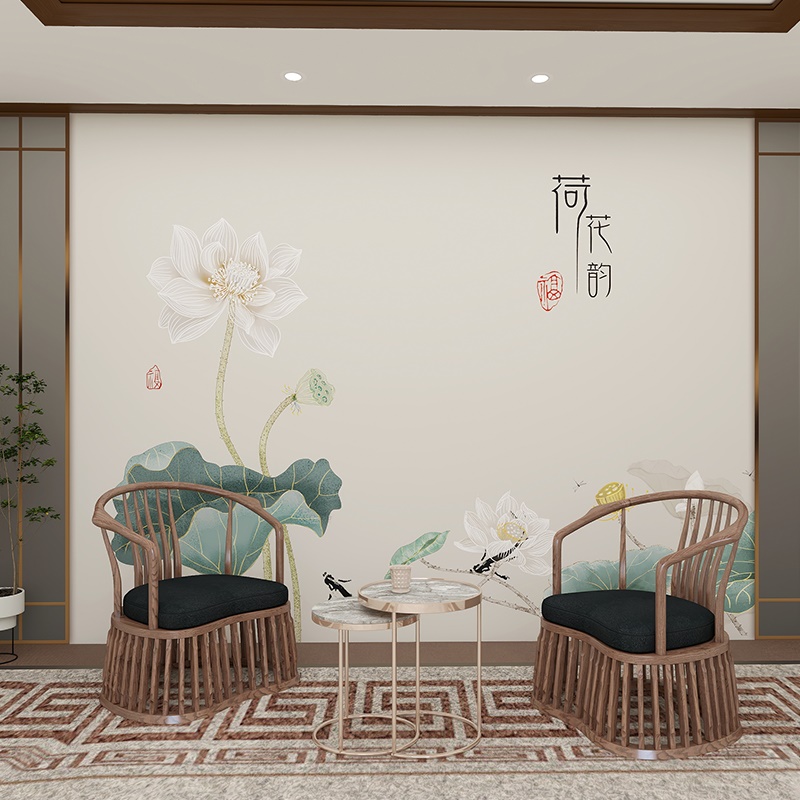 新中式壁纸茶室餐厅电视背景墙布8d荷花水墨简约古典古风卧室壁画