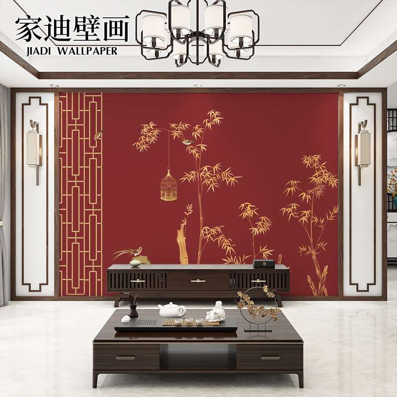 现代简约新中式竹子花鸟壁纸古风意境壁布电视背景墙纸壁画墙布