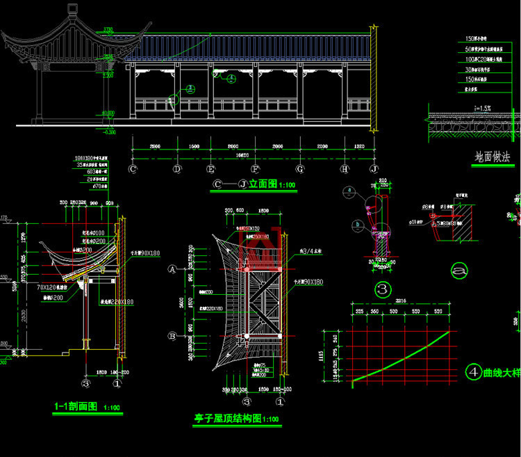 仿古中式古典园林休息长廊亭子半亭子基础结构CAD施工图纸素材