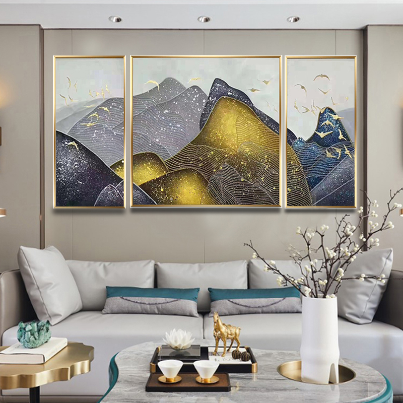 手绘现代简约轻奢抽象油画立体三合一金山银山客厅沙发背景墙挂画