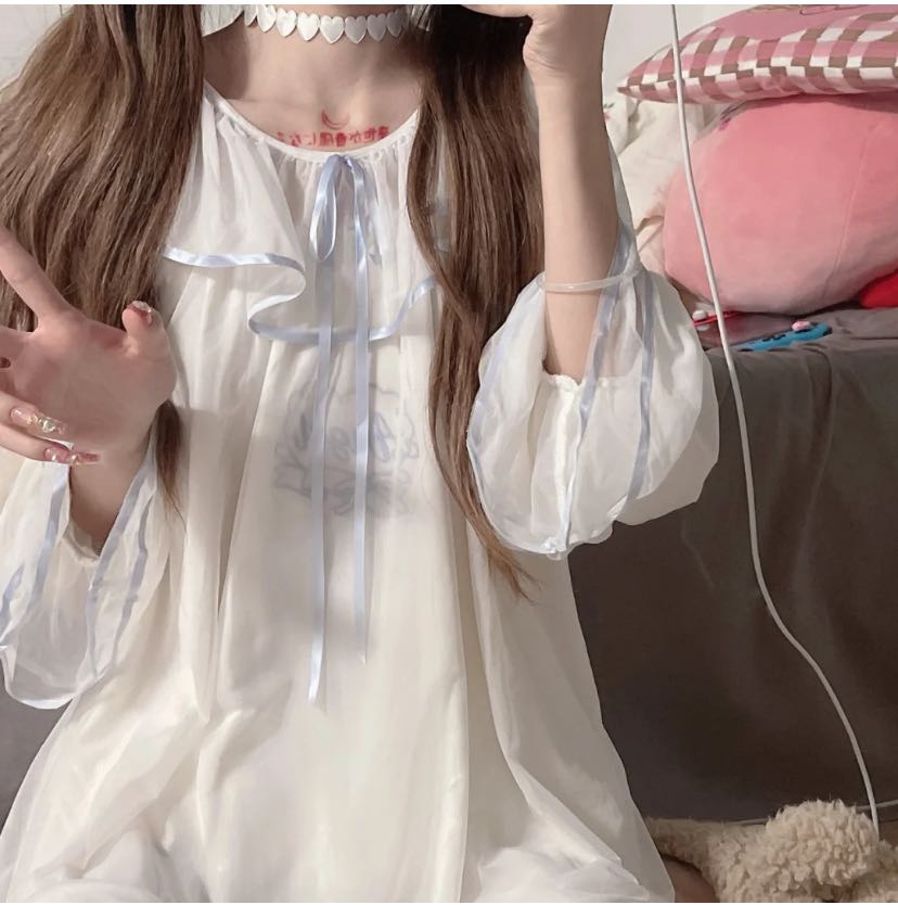 原创新款秋季睡衣心形少女日系纯欲甜美可爱仙女穿的网纱长袖睡裙