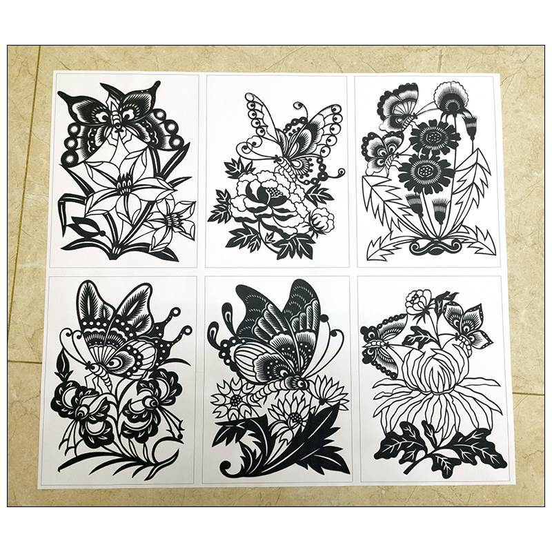 蝴蝶手工刻纸图案底稿6张花鸟剪纸素材练习图样中国风窗花装饰画