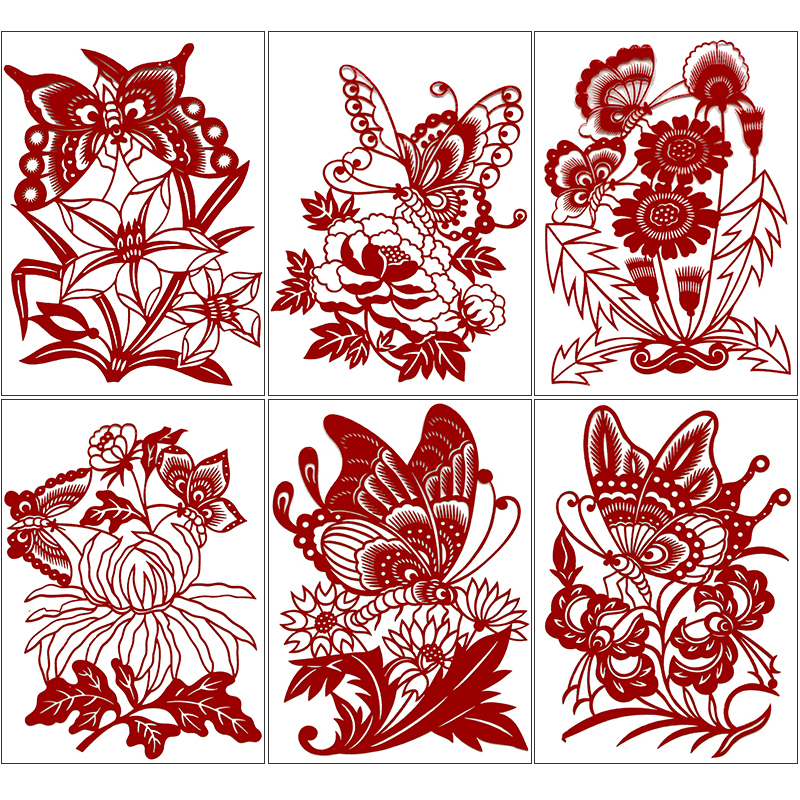 蝴蝶手工刻纸图案底稿6张花鸟剪纸素材练习图样中国风窗花装饰画