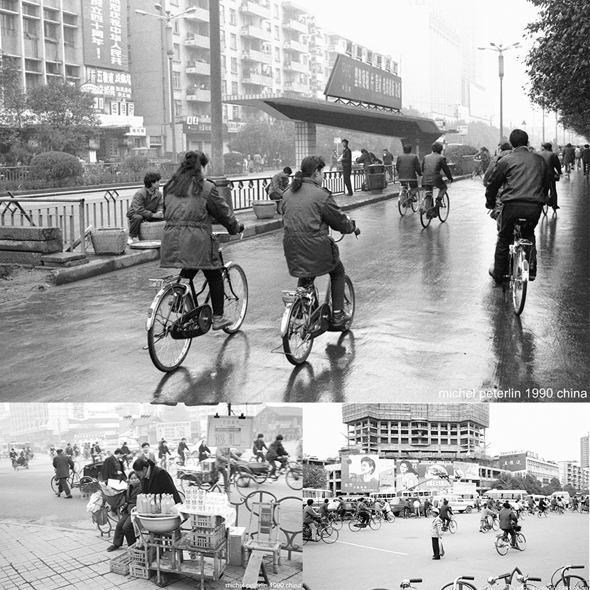 1990年中国社会街景人物生活街头买卖自行车等怀旧黑白老照片素材