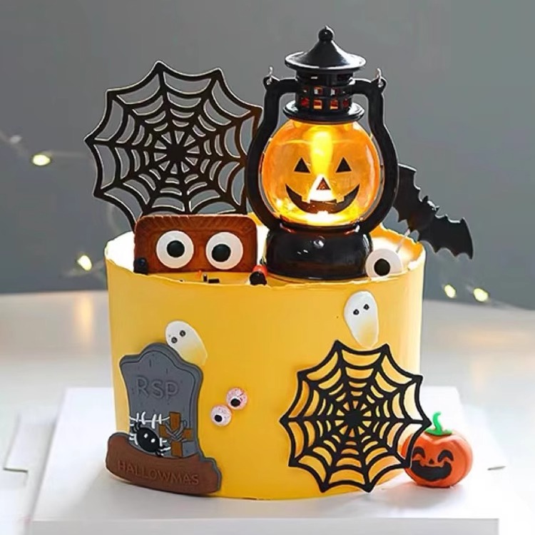 万圣节蛋糕装饰摆件手提南瓜灯蜘蛛网搞怪幽灵眼睛糖插件城堡蝙蝠