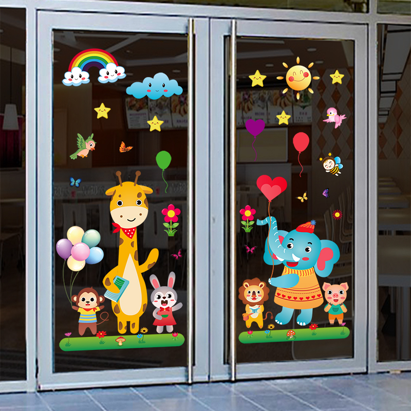 学校幼儿园开学玻璃门窗贴可爱卡通动物欢迎小朋友班级教室静电贴