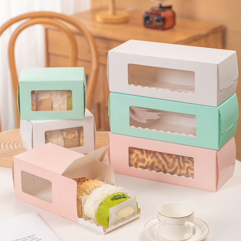 烘焙包装瑞士卷蛋糕卷纸盒蓝色粉色大小号长款透明开窗手提盒10个
