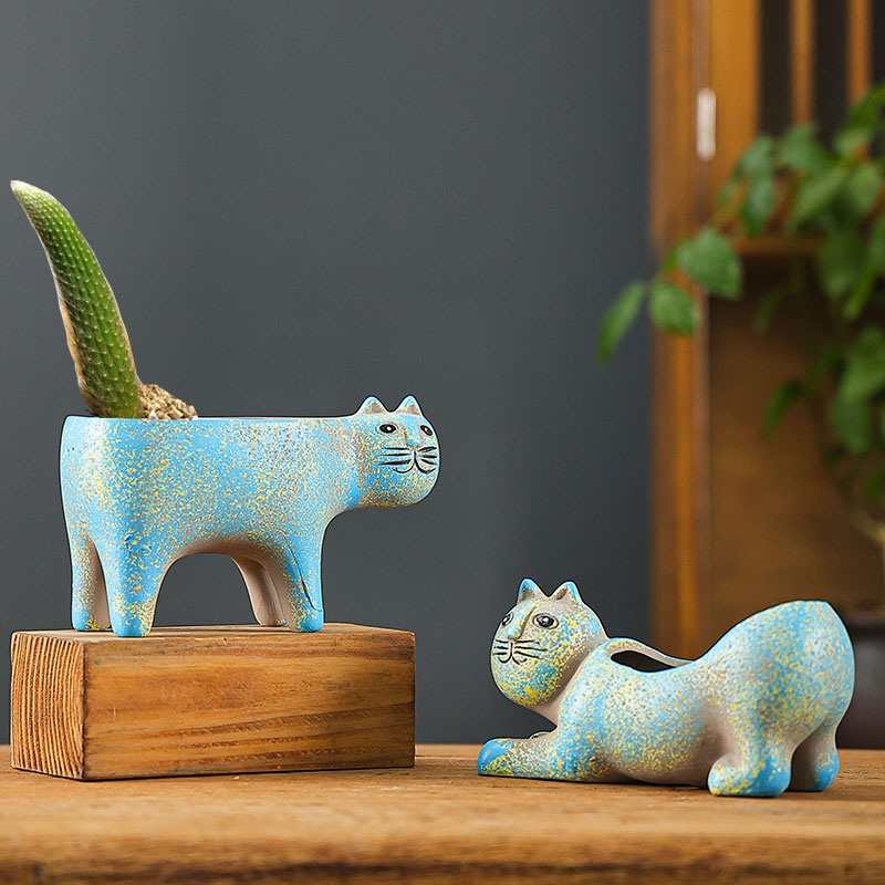 小猫咪多肉花盆陶瓷创意可爱尾巴卡通动物简约多肉猴尾柱仙人掌盆