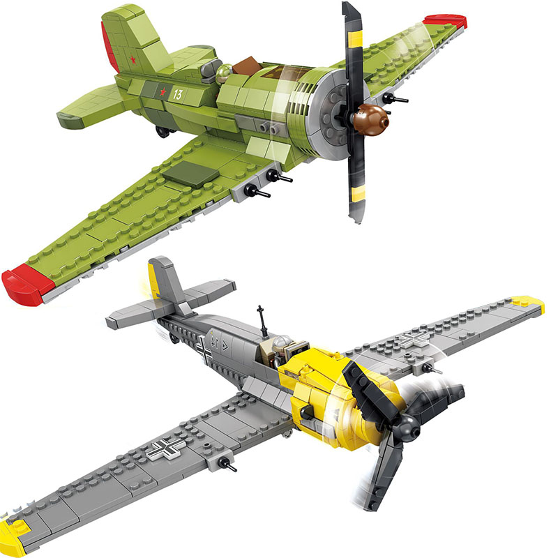 二战螺旋桨战斗机苏军伊-16毛驴德军BF109老式战机飞机积木玩具