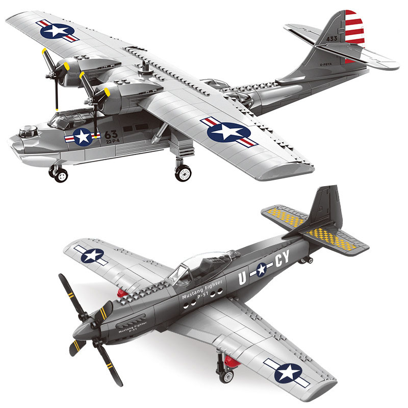 卡塔琳娜水上飞机美国P51战斗机二战老式螺旋桨益智拼装积木玩具