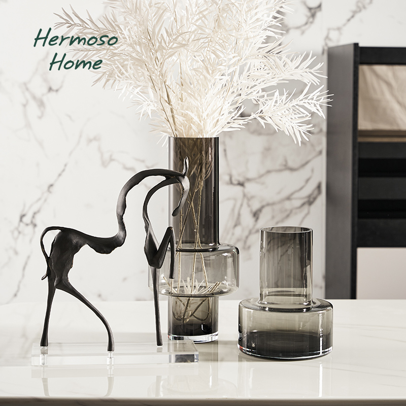 HERMOSO 现代灰色玻璃花瓶摆件客厅插花干花样板间装饰品酒柜玄关