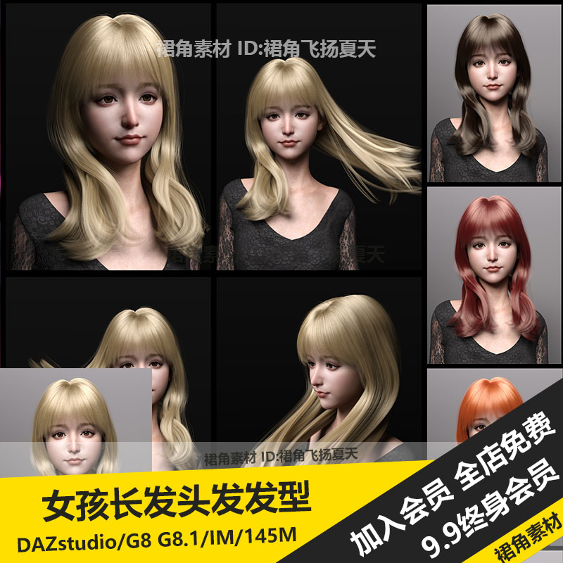 DAZ3D Studio 女孩经典恬静长发造型头发发型8F8.81F 3d模型素材
