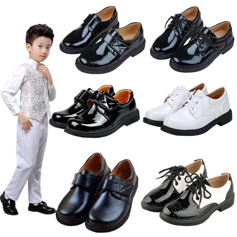 儿童黑色尖头皮鞋软底学生礼服鞋学校表演出鞋亮皮光面中大童男孩