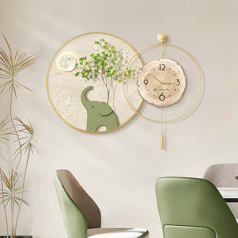 大象新款餐厅创意时钟装饰画带灯圆形背景墙挂钟绿植客厅钟表挂画