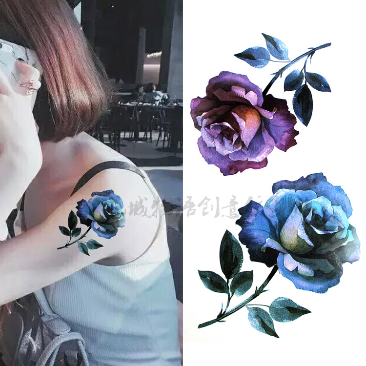 防水纹身贴女款 玫瑰紫蓝色大花朵 水彩画小清新背部胸部