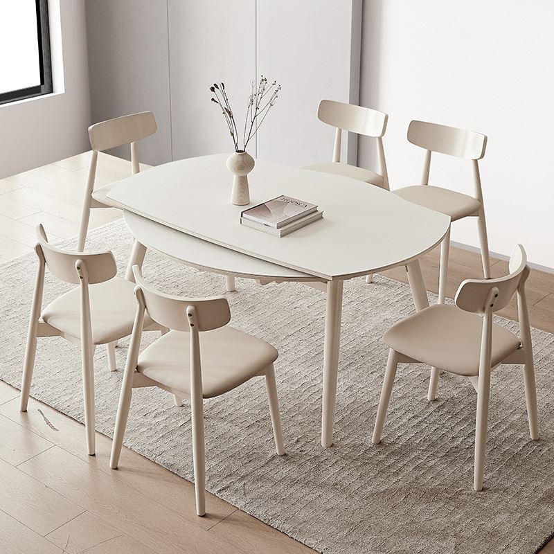 纯白色实木岩板伸缩餐桌家用中小户型奶油风圆形折叠方桌可变圆桌
