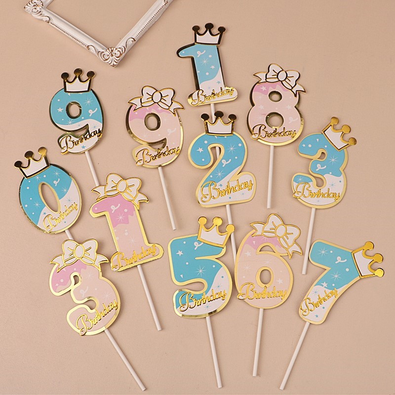 快乐网红蛋糕装饰插件61蝴蝶结数字粉色蓝色儿童节派对甜品台插牌