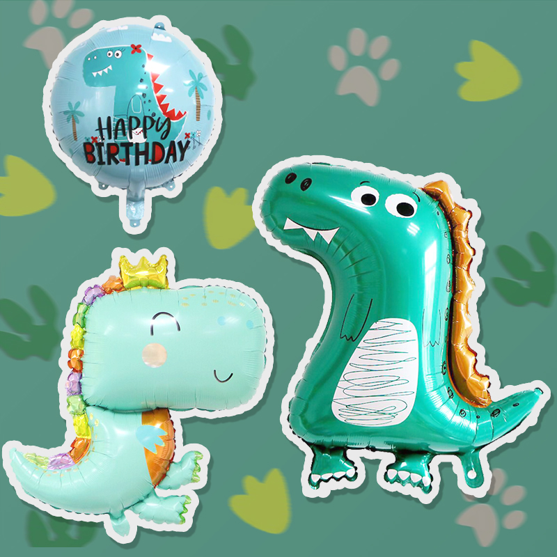 新Q版卡通皇冠绿恐龙造型气球儿童周岁生日男孩派对聚会装饰布置