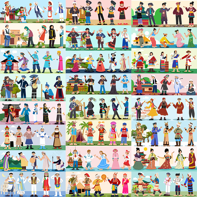 五十六个民族卡通人物形象 扁平化特色插画 AI格式矢量设计素材
